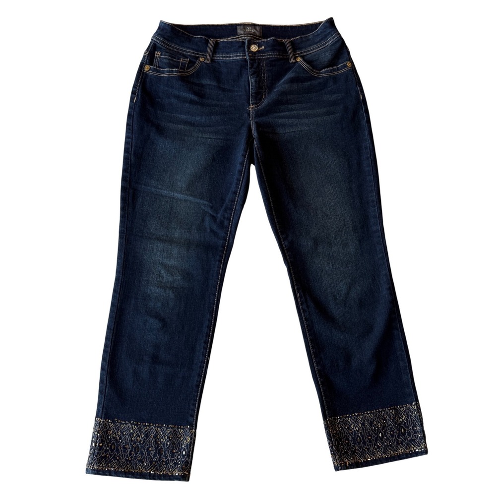 Chicos SO Slimming Embellished Cuff Dark Wash Denim Jeans Womens 0 Cropped‎